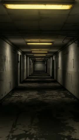Descending vertical corridor with flickering fluorescent lights in derelict industrial space