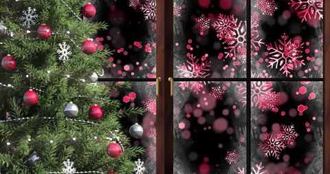Christmas Tree by Frosted Window with Pink Snowflakes and Lights