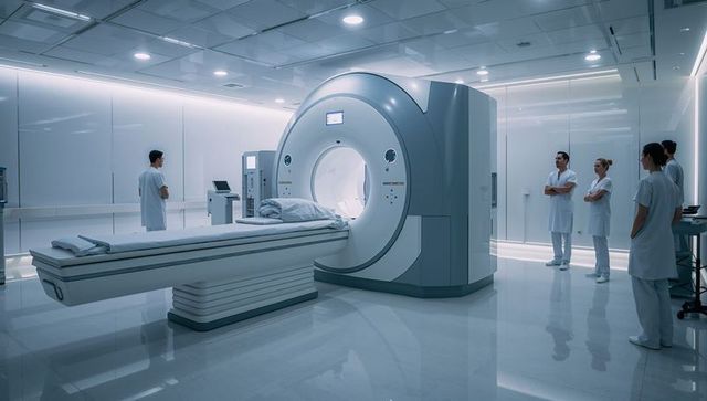 Advanced mri scanner with clinical team preparing patient in ultra-clean radiology room
