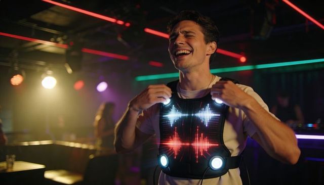 Laughing man wearing sound-reactive led vest dancing in neon nightclub with dj lights