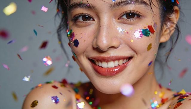 Smiling asian woman closeup with glitter confetti makeup celebrating joy and sparkle