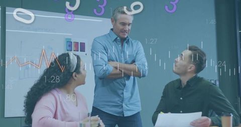 Male Leader Presenting Strategy to Team in Data-Driven Meeting with Charts and Analytics Overlay