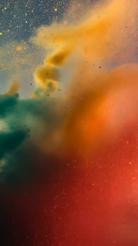 Vertical video bursting pigment cloud with gold flecks, vibrant abstract color motion