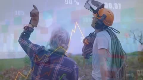 Farm Workers Analyzing Agricultural Data with Digital Charts Overlay