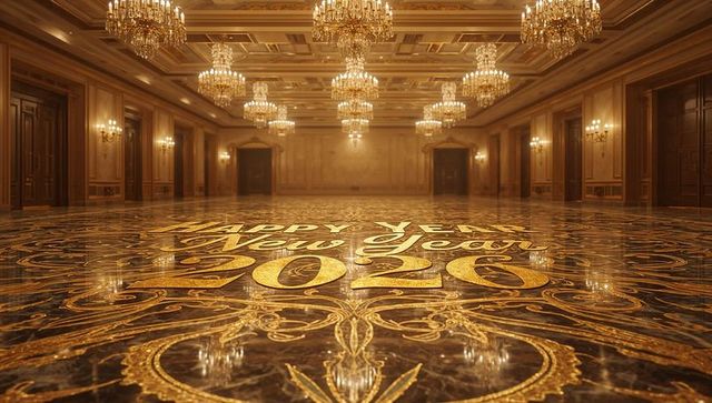 Glowing gold happy new year 2026 marble ballroom floor reflecting crystal chandeliers