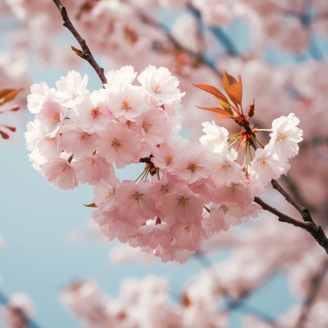 Close up of light pink cherry blossoms, created using generative ai technology. Cherry blossom, beauty in nature and spring concept digitally generated image.