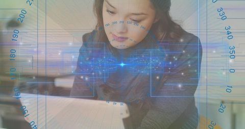 Asian Woman Analyzing Digital Data on Tablet in Modern Office