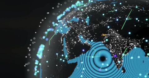 Rotating digital globe showing indian subcontinent with neon data nodes and connectivity