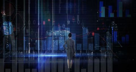 Businesswoman analyzing digital financial data in urban setting
