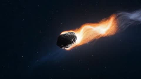 Asteroid Hurtling Through Space with Fiery Trail