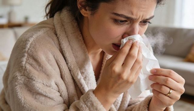 Woman blowing nose into tissue on couch wearing plush bathrobe and gold ring