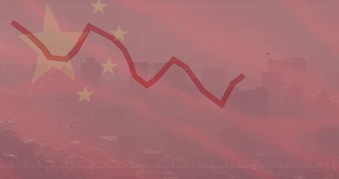 Chinese Economy Downturn Amid Urban Landscape and Flag Overlay