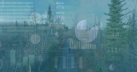 Teen riding bike on forest trail with digital HUD overlay and fitness data analytics