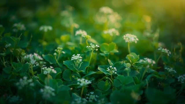 Sunlit small white wildflowers and clover groundcover with golden bokeh