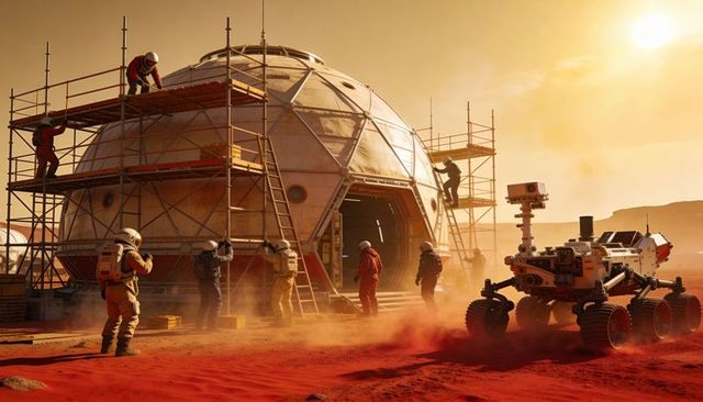 Astronaut team assembling geodesic mars habitat at sunset with rover on red desert