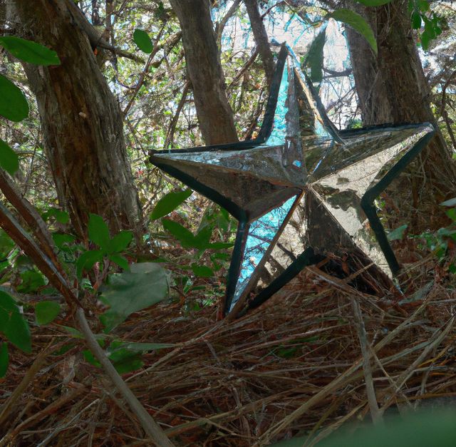 Image of silver five arm star in amongst trees in forest. Christmas, shooting star and nature concept.