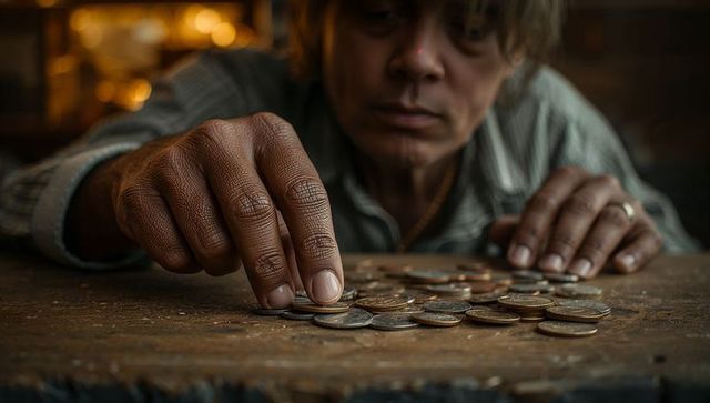 Counting spare change and stacking coins with focused hands on worn wooden table
