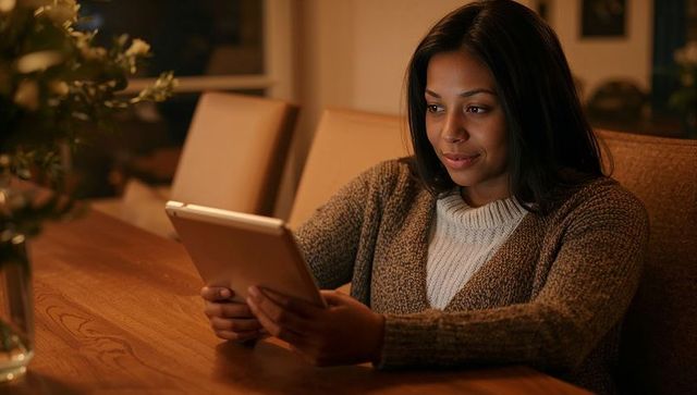Woman reading tablet at cozy dining table under warm evening light, relaxed and focused
