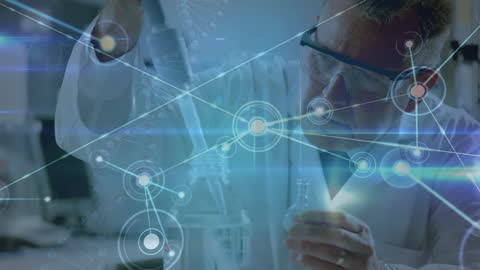 Senior Scientist in Lab Analyzer Concept Wall With Data Connections