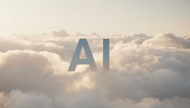 Floating 3D AI Letters Drifting Above Sunlit Clouds at Sunrise