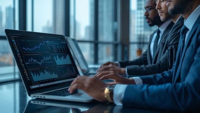 Corporate Executives Analyzing Financial Data on Laptops in Modern Office