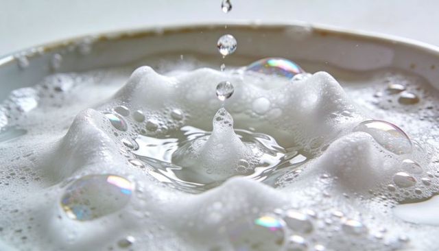 Soapy crown splash creating droplet ripple with iridescent rainbow bubbles in white bowl