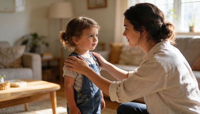 Mother comforting toddler in cozy living room holding shoulders, bonding moment, natural light