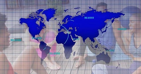 Adults chatting on yoga mats with world map overlay for global wellness networking