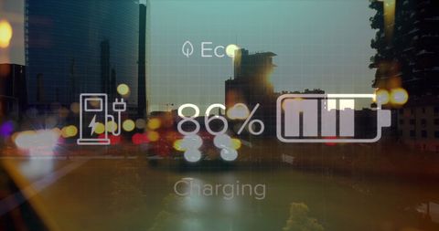 Electric vehicle charging interface over architectural cityscape