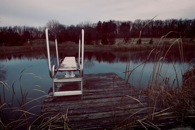 Diving board appears abandoned on wooden dock next to calm lake. Surrounded by tall grass and bare trees suggesting late autumn or winter morning. Useful for illustrating themes of solitude, abandonment, tranquil outdoor settings, or nature in off-season.