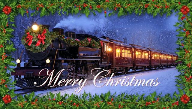 Chugging vintage steam locomotive dressed in wreaths and holly passing snowy night with warm lights