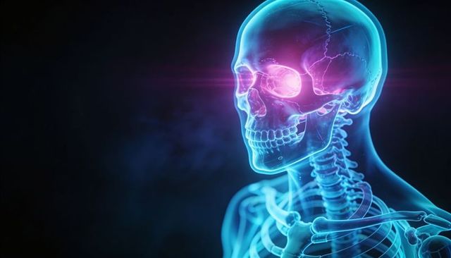 Neon-cyan glowing skull with cervical vertebrae 3d render and magenta cranial glow