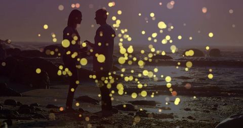 Couple holding hands at sunset on rocky shore with golden bokeh romantic silhouette