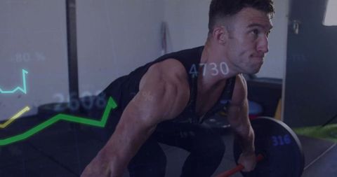Male athlete performing heavy deadlift while gripping barbell with performance data overlay