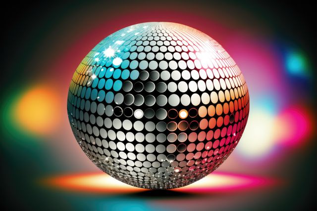 A disco ball with vibrant colorful lights creating a dazzling reflective effect on a dark background. Useful for advertising parties, dance events, music-themed promotions, or retro-themed graphic designs often inspired by the 1970s era. Perfect for creating a lively and festive atmosphere in various visual content.