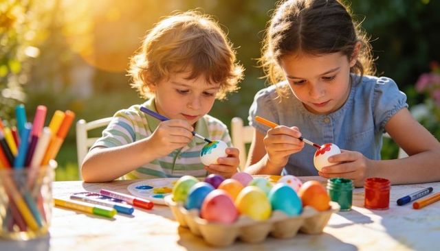 Siblings painting colorful easter eggs outdoors on sunny garden table, kids crafting
