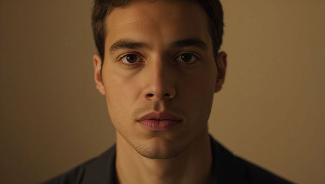Intimate close-up of young man gazing forward with warm sidelighting and neutral backdrop