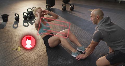 Personal Trainer Assisting Woman in Gym Workout with Digital Interface Overlay - Download Free Stock Images Pikwizard.com