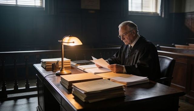 Senior judge reviewing legal documents at desk under warm lamp in historic courtroom