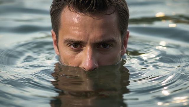 Young Man Emerging from Lake Water, Intense Gaze, Sunlit Ripples and Reflective Surface