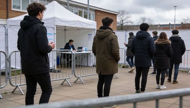 Young people waiting in organized outdoor queue at campus testing tent