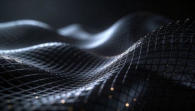 Shimmering Metallic Wireframe Waves with Warm Bokeh Highlights and Deep Focus Grid