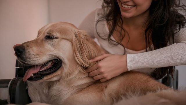 Smiling woman petting golden retriever on couch close-up cozy home warmth and relaxation