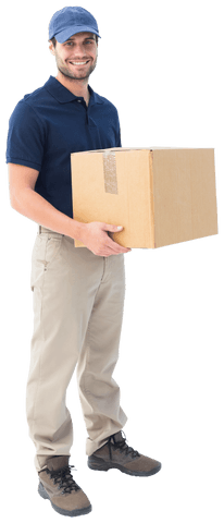 Transparent courier delivering cardboard box with smile