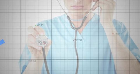 Doctor holding stethoscope with digital data overlay
