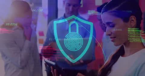 Digital Security Interface with Professionals Collaborating in Office