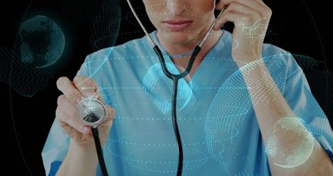 Male Doctor Holding Stethoscope and Listening with Holographic Globes for Telemedicine