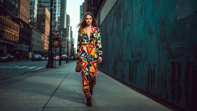 Woman in Vibrant Jumpsuit Walking in Urban Cityscape