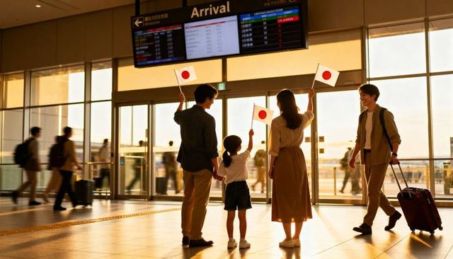 Family welcoming arrival at airport waving japanese flags in warm sunset light