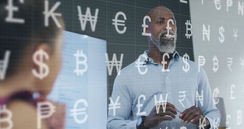 Businessman Presenting Currency Strategy in Modern Conference Room